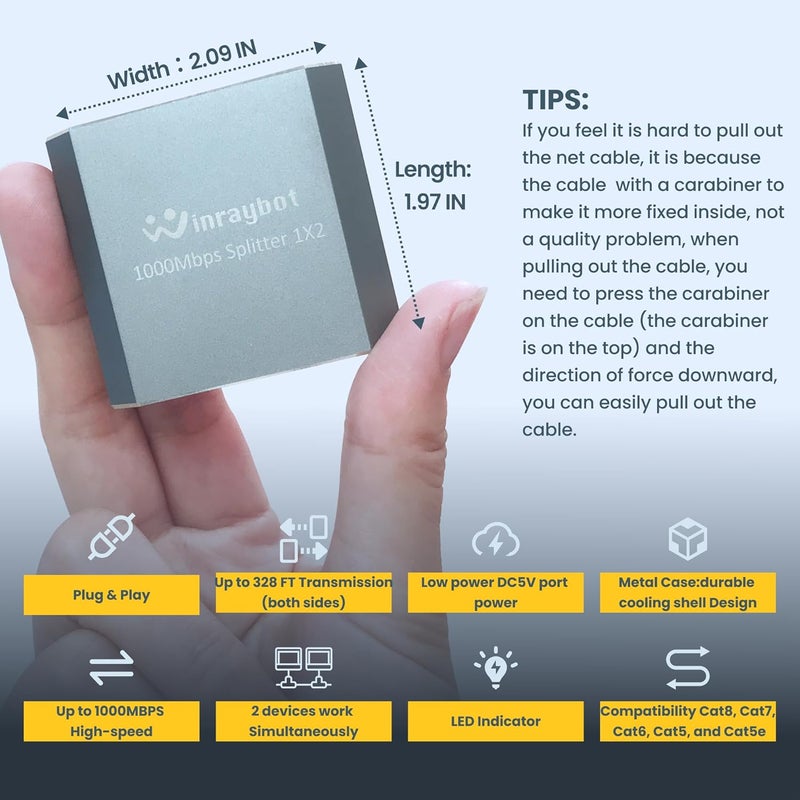 WinRaybot Ethernet Splitter 1 to 2, Ethernet Switch 2 Port 1000Mbps，LAN Splitter,LAN RJ45 Port Work with CAT5/5E Cat6/7/8/ Cable (2 PCS) - Image 4